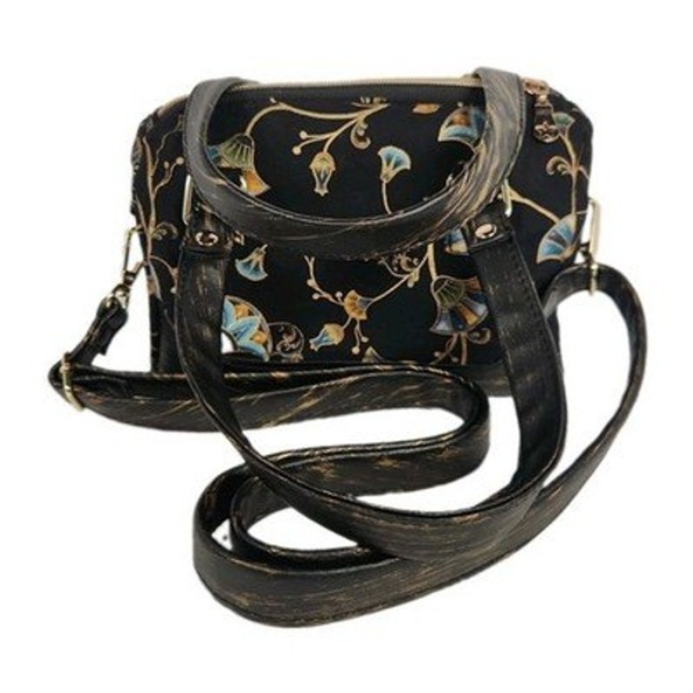 Egyptian Revival Lotus Satchel Handbag Art Nouveau Crossbody Purse Black Blue